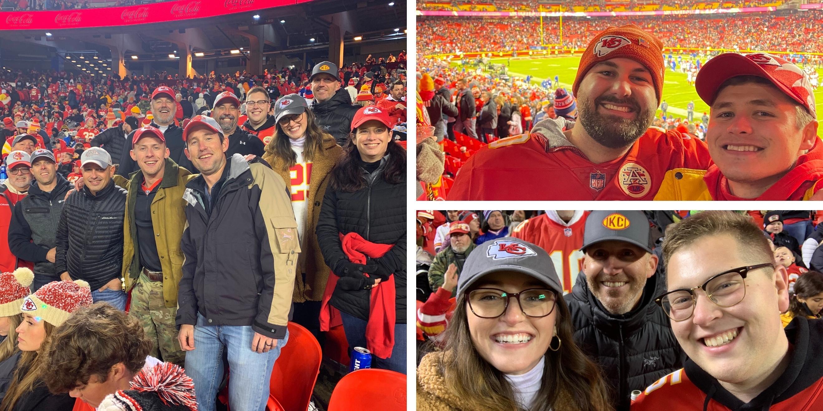 Collage of photos from the Workforce Management Summit. LaborChart employees and customers at the Chiefs and Giants game at Arrowhead Stadium after LaborChart presented to summit participants about bridging the WFM gap.