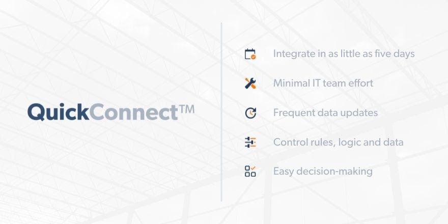 Logo of “QuickConnect™” in navy blue and grey with a dividing line with a white background. On the right is a calendar graphic next to, “Integrate in as little as five days”; a screwdriver and wrench graphic next to, “Minimal IT team effort”; a clock graphic next to “Frequent data updates”; controls graphic with “Control rules, logic and data”; blocks and check mark graphic next to “Easy decision making.”