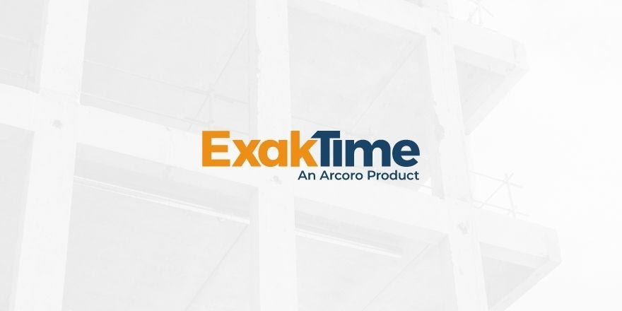 Logo of “ExakTime: An Arcoro Product” in orange and dark blue with an image of a building in progress behind it in white.