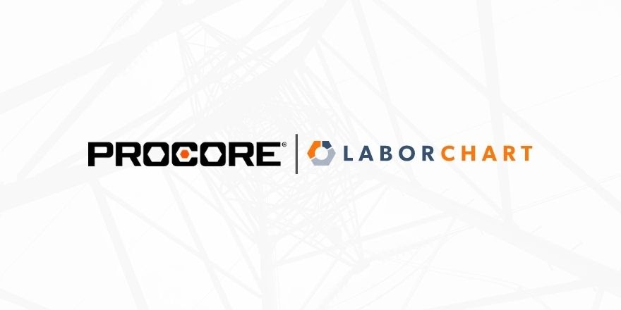 Logo of “Procore” in black with a divider line and “LaborChart” in navy blue and orange to the right, along with the orange, navy blue and grey nut graphic. Logos are on a white background of metal framework.
