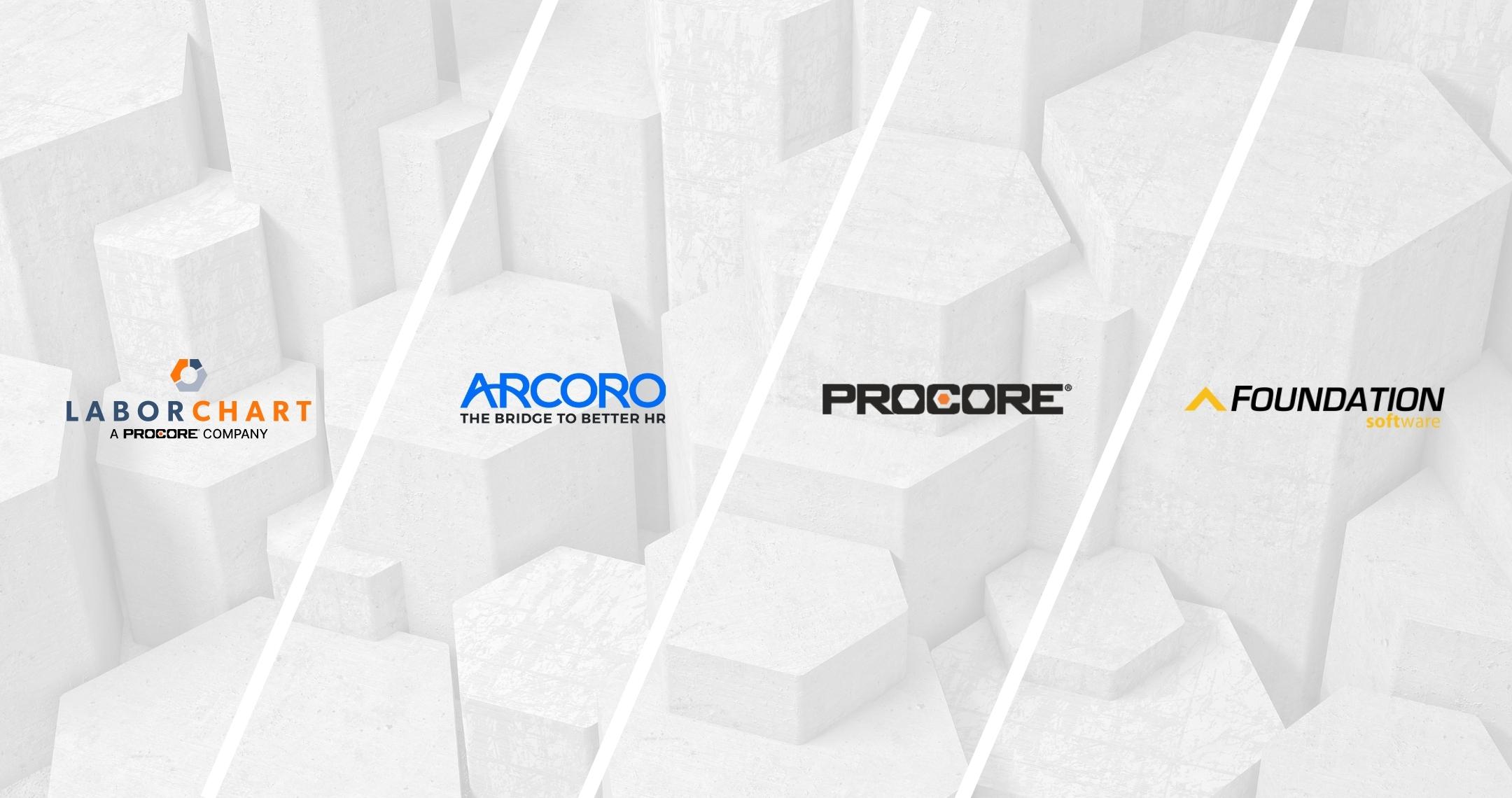 LaborChart, Arcoro, Procore and Foundation Software logos on a grey background with geometric shapes.