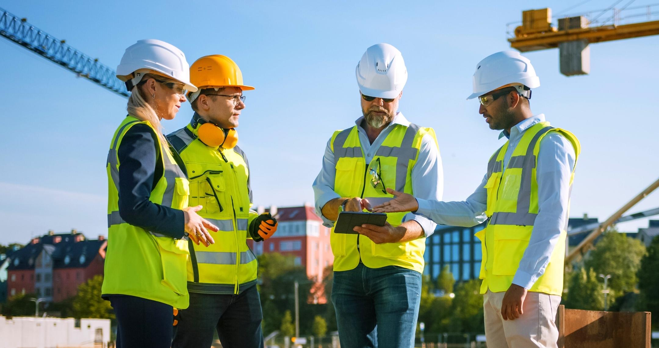 Four construction workers in safety equipment consult a digital schedule on a tablet to manage their workforce on the job.