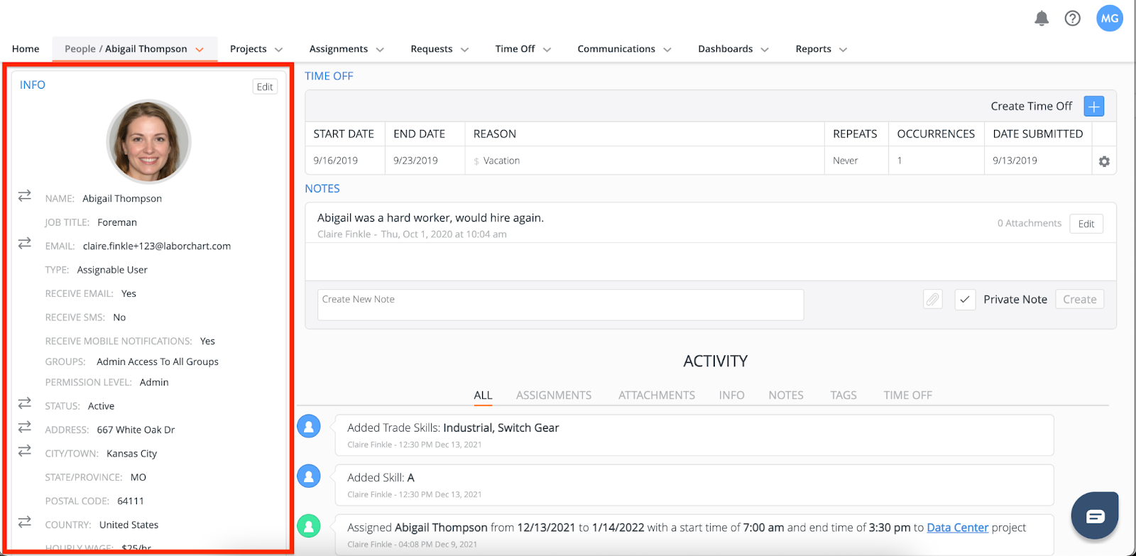 A screenshot of the baseball board view of LaborChart.