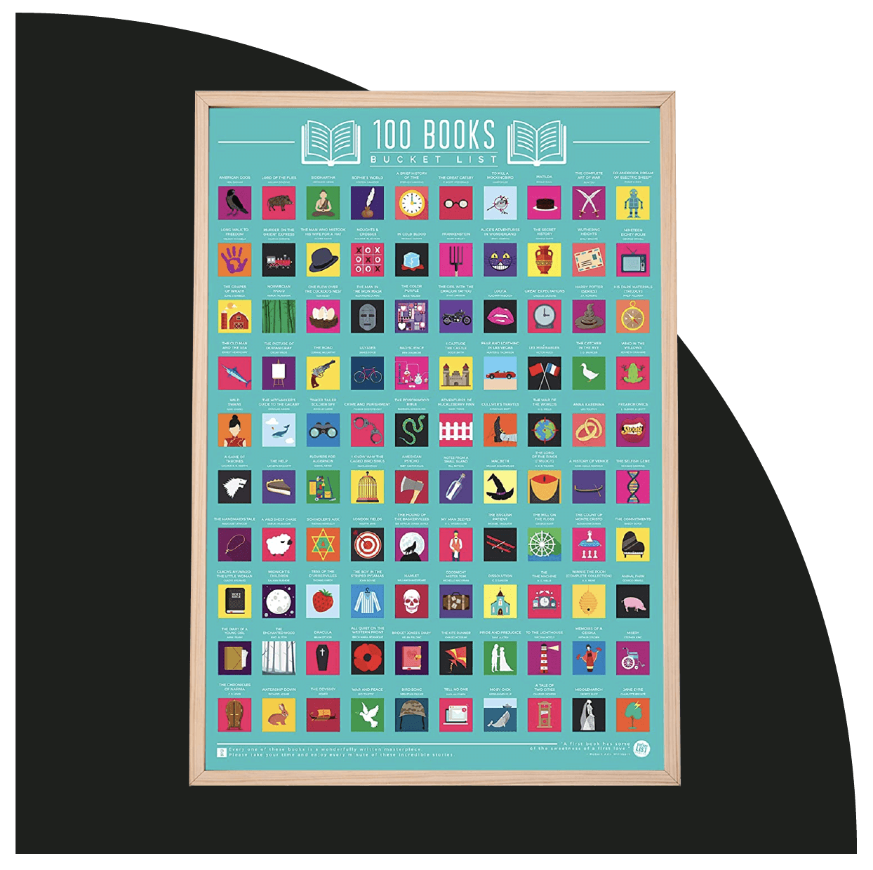 Framed, multicolor book bucket list poster on black shape background