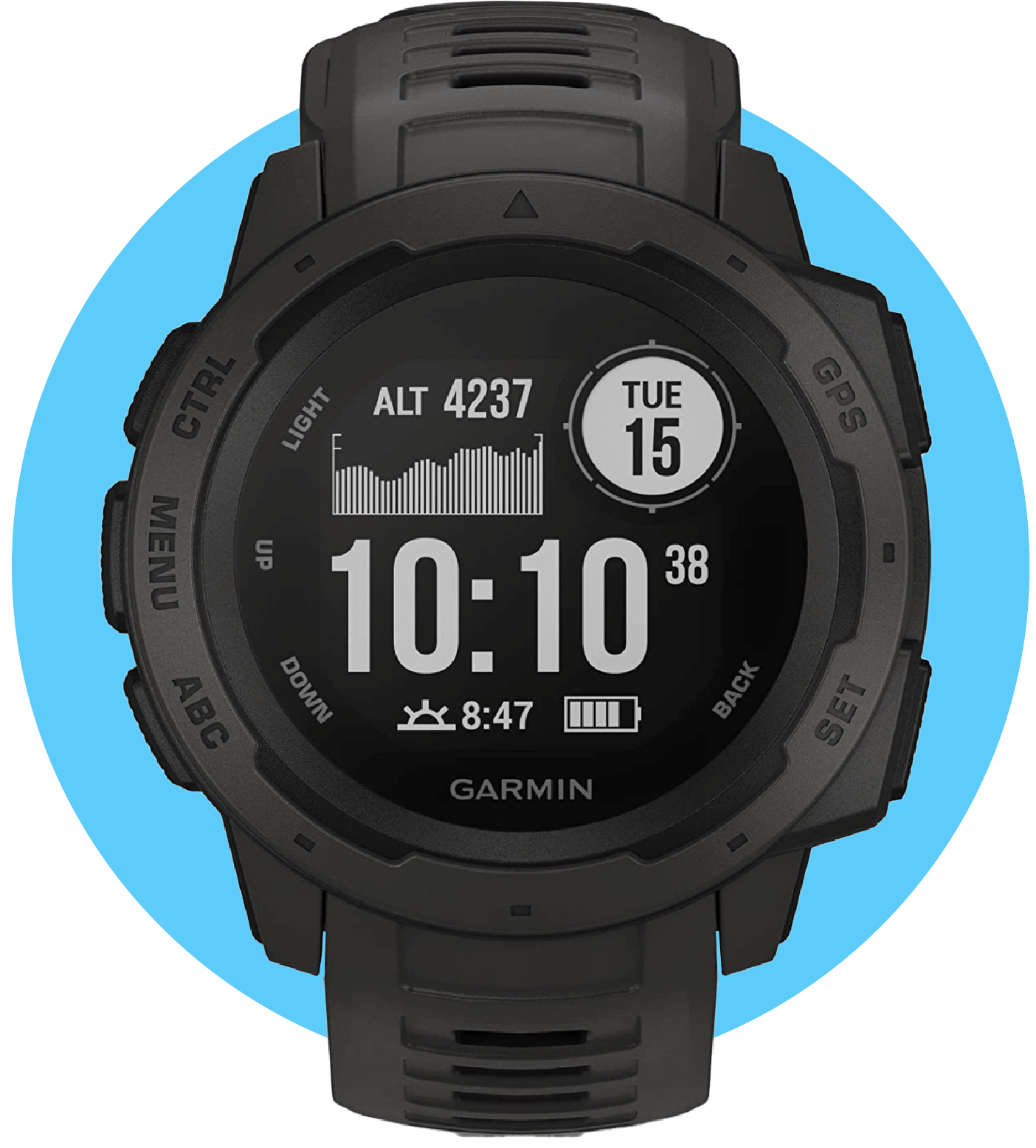 Black Garmin GPS Smartwatch on blue circle background
