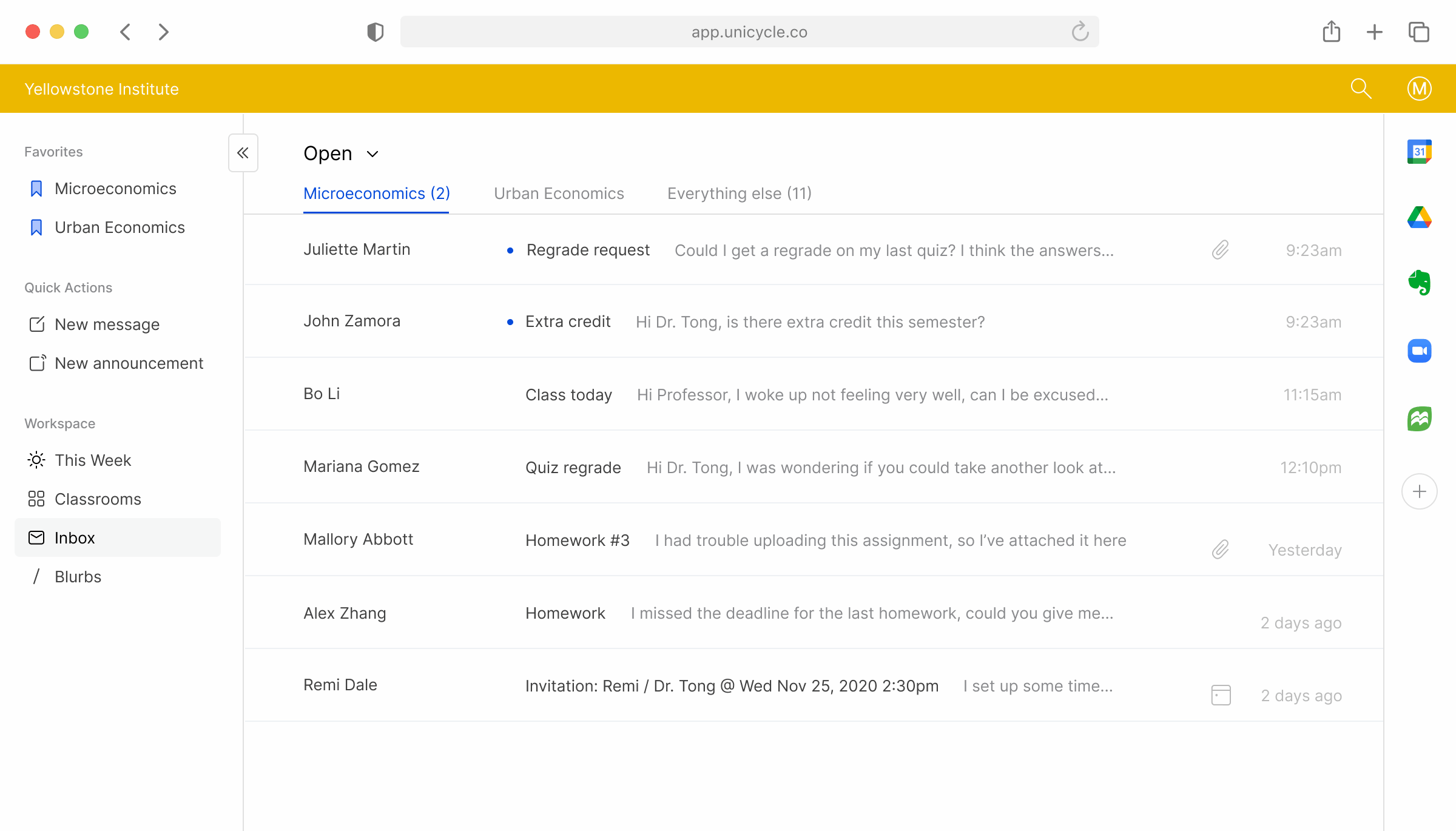 GIF of Inbox feature for a Microeconomics course