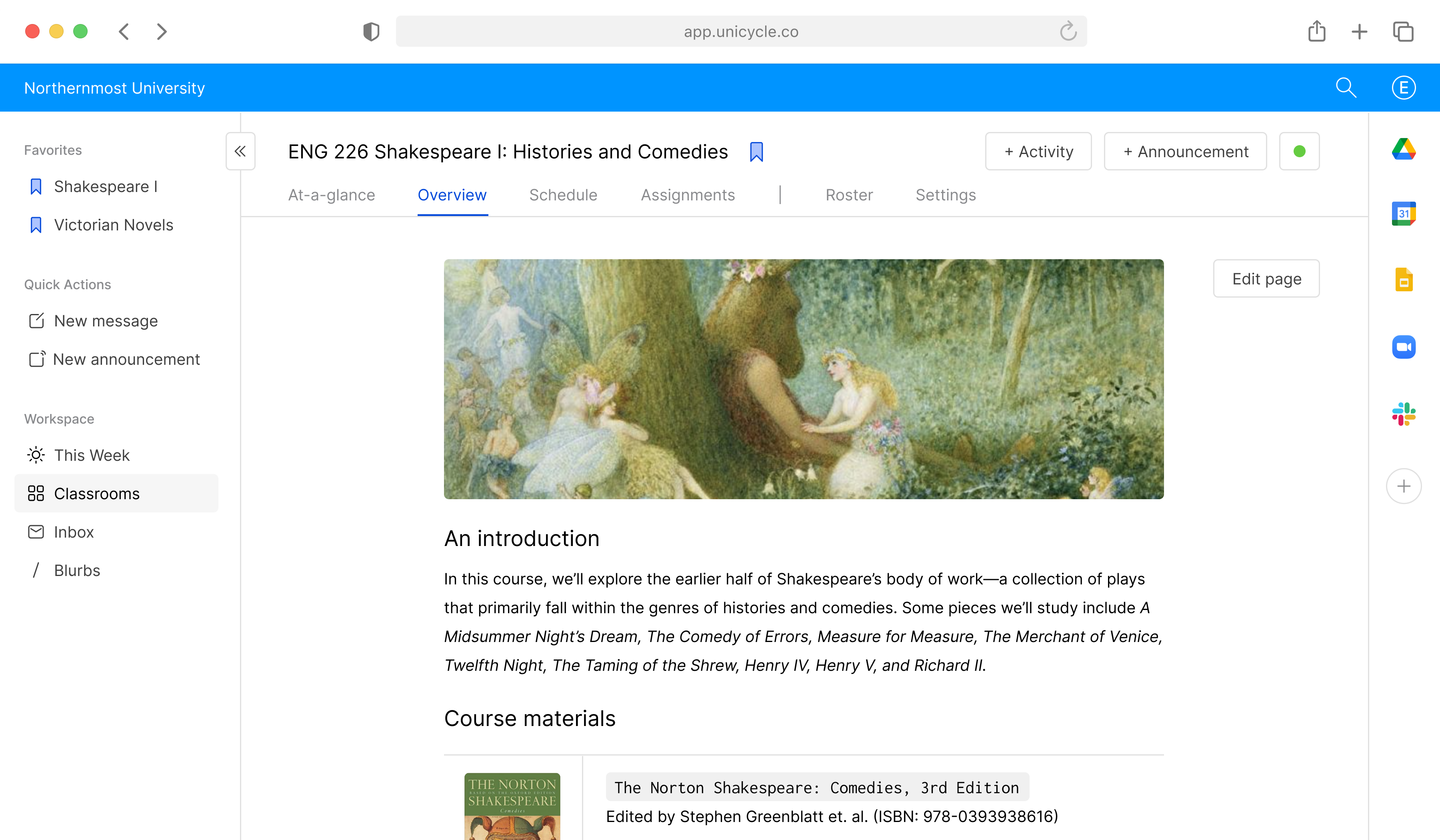 Professor view of Shakespeare course site