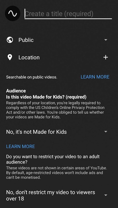 Filling in details for a YouTube Live from the mobile app.