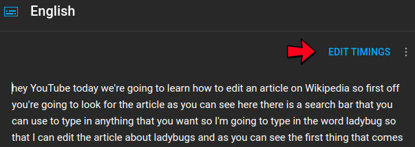 Editing a transcription of a Youtube video in YouTube studio