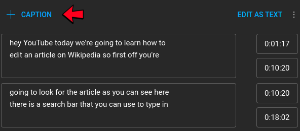 Adding a new caption line for a Youtube video in YouTube studio