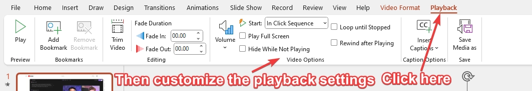 Customizing playback settings of a screen recording on PowerPoint