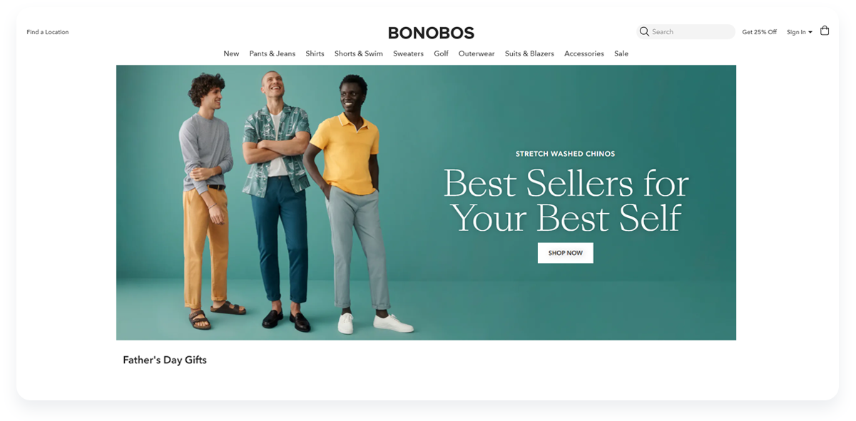 Most innovative ecommerce startups, Bonobos Main page