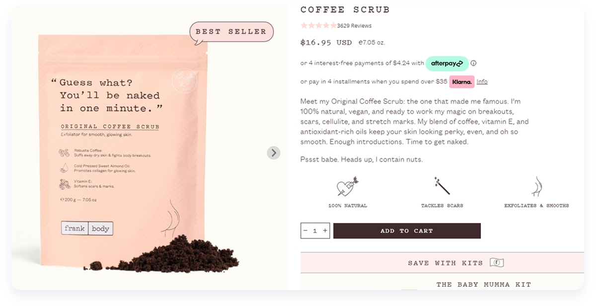 Top innovative ecommerce startups, Frank Body Product Example