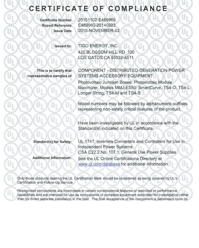 Certification UL1741 Product Safety Approval with TS4M, S, O, L