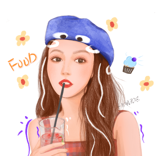 Drawing 5, A girl is drinking strawberry lemonade, and wears a blue hat.