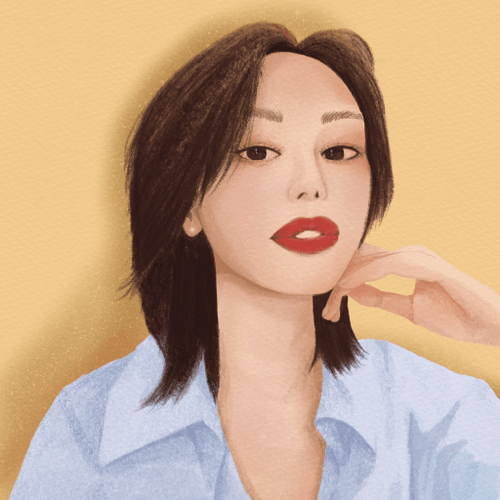 Drawing 6. A girl has a red lips and wears a light blue shirt.