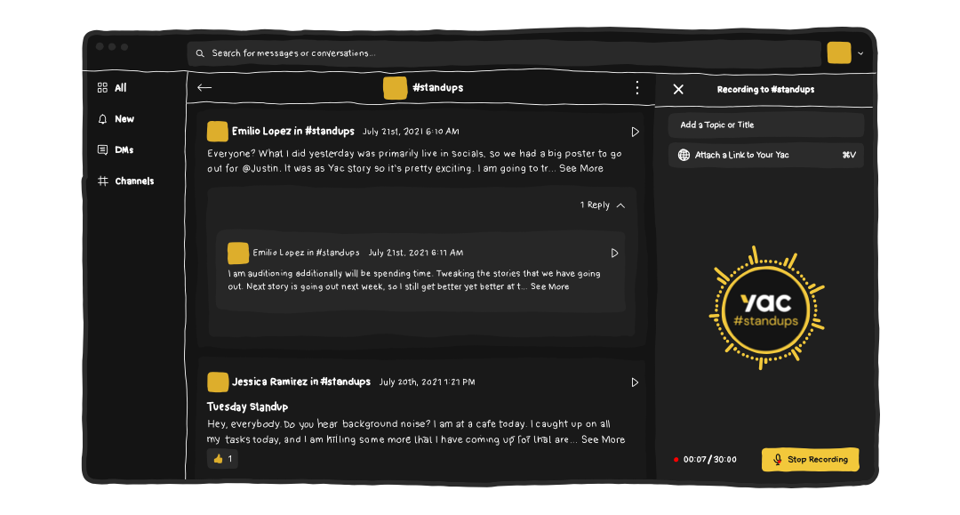 Screenshot showing what recording a yac looks like with Yac's desktop app.