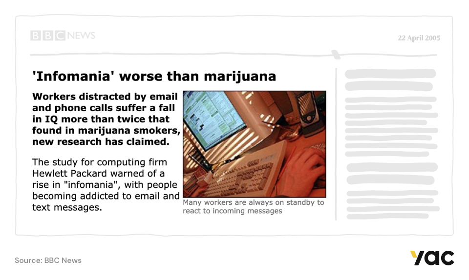 News article with headline "'Infomania' worse than marijuana."