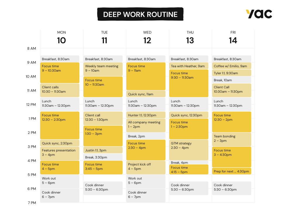 Calendar showing an example deep work routine.
