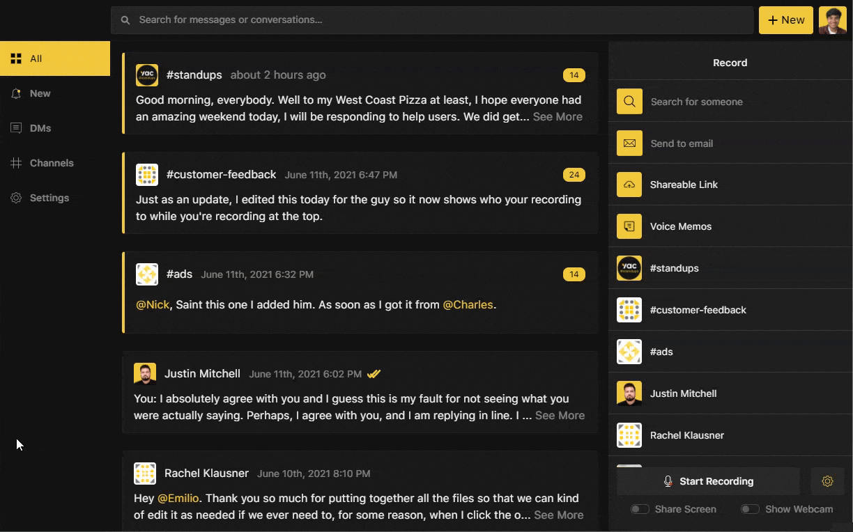 Screenshare showing how to locate someone's profile in Yac desktop app