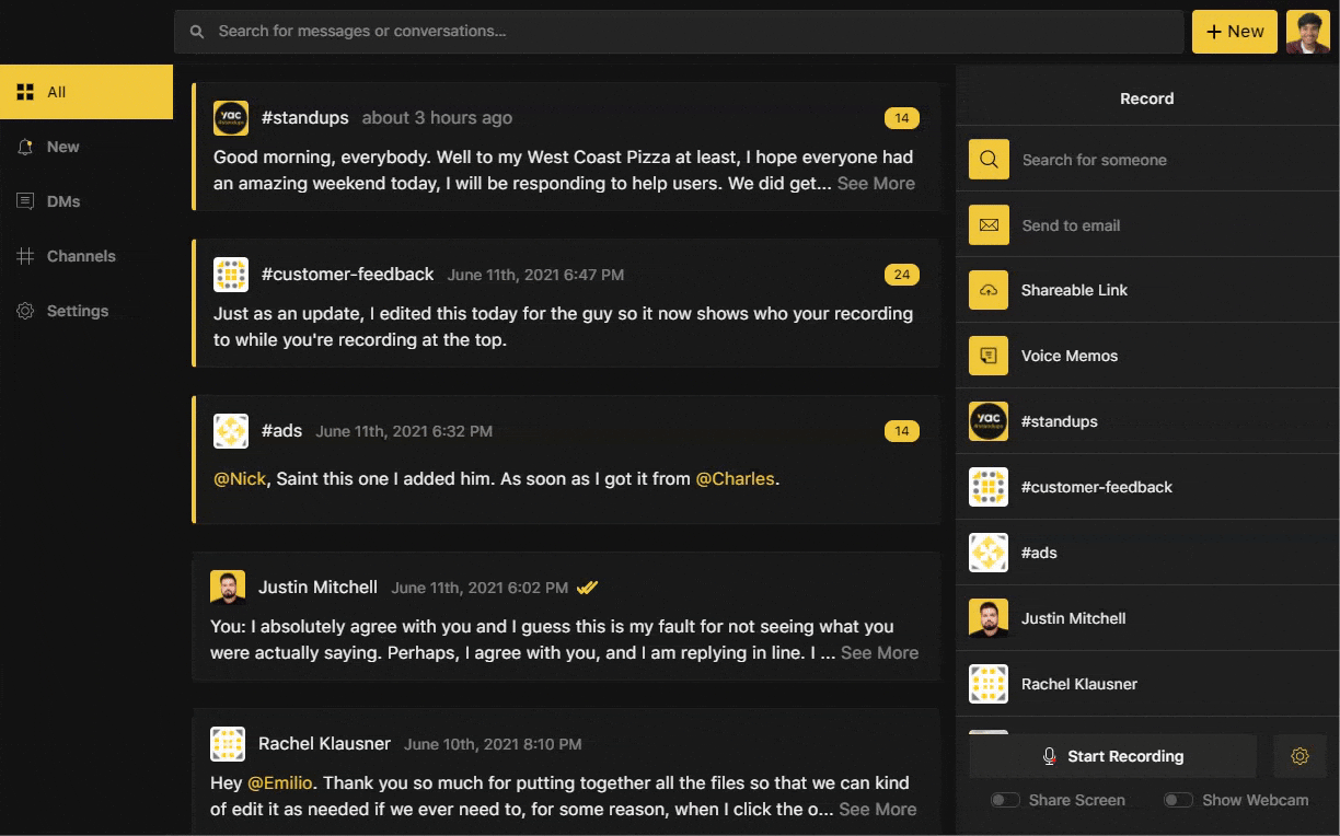 Screenshare showing how to copy a Discussion link in Yac desktop app