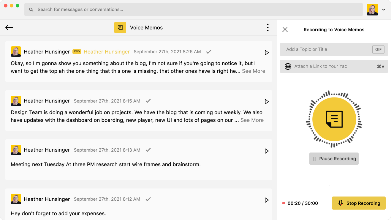 Sending a voice message to Voice Memos using Yac.