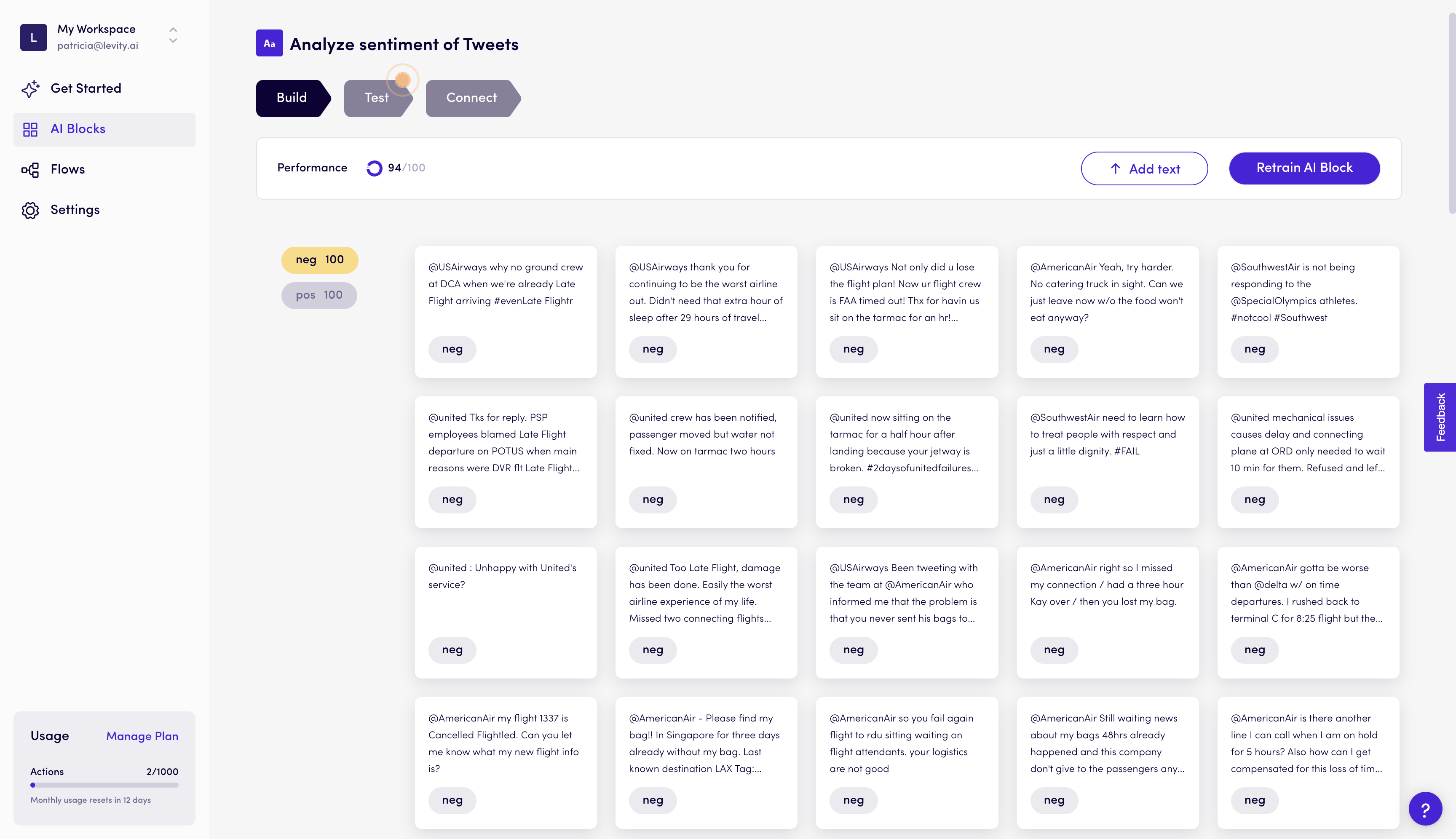 AI Block Template on Levity - Analyze sentiments of Tweets