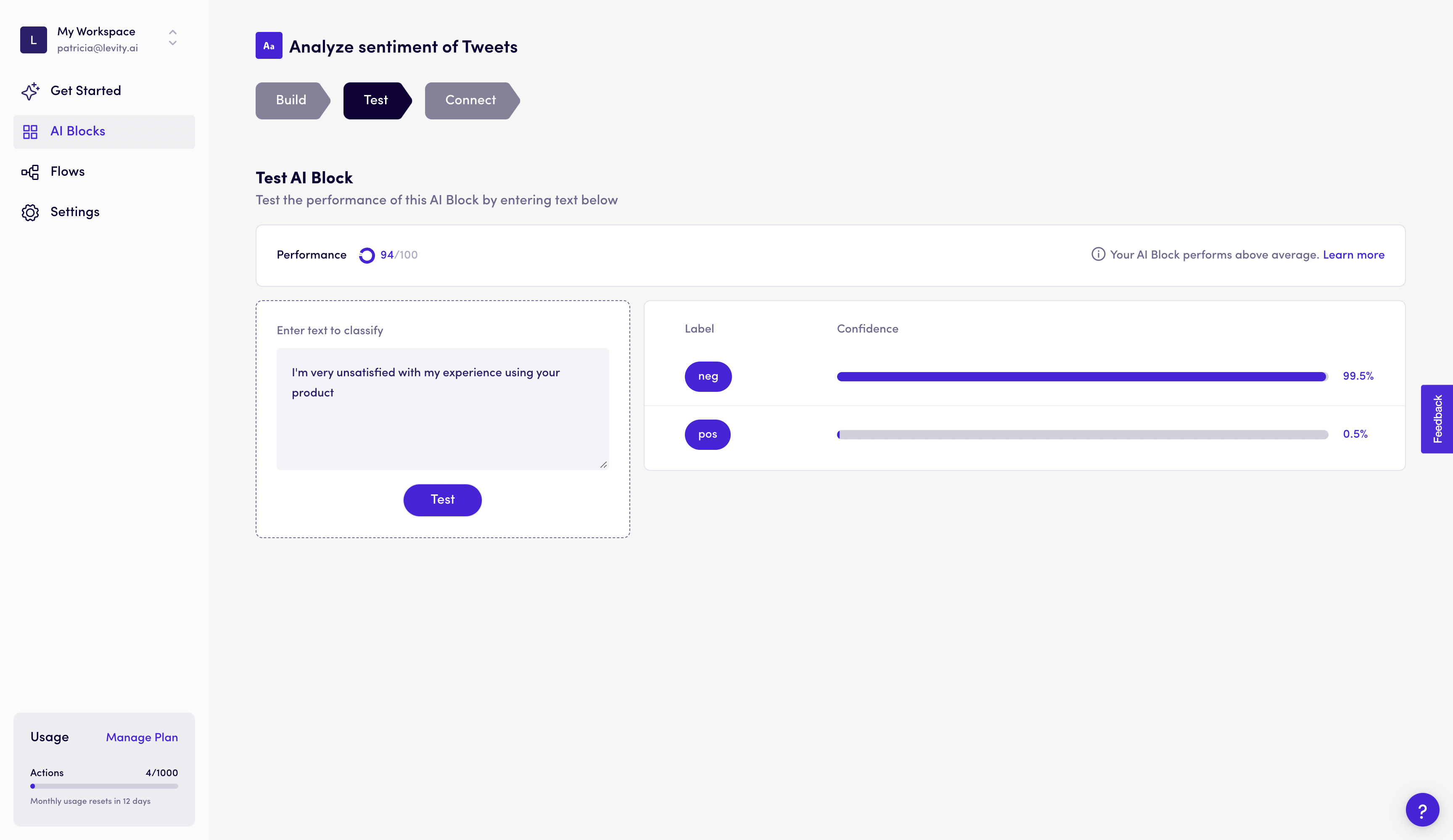 Testing you AI Block's performance on Levity