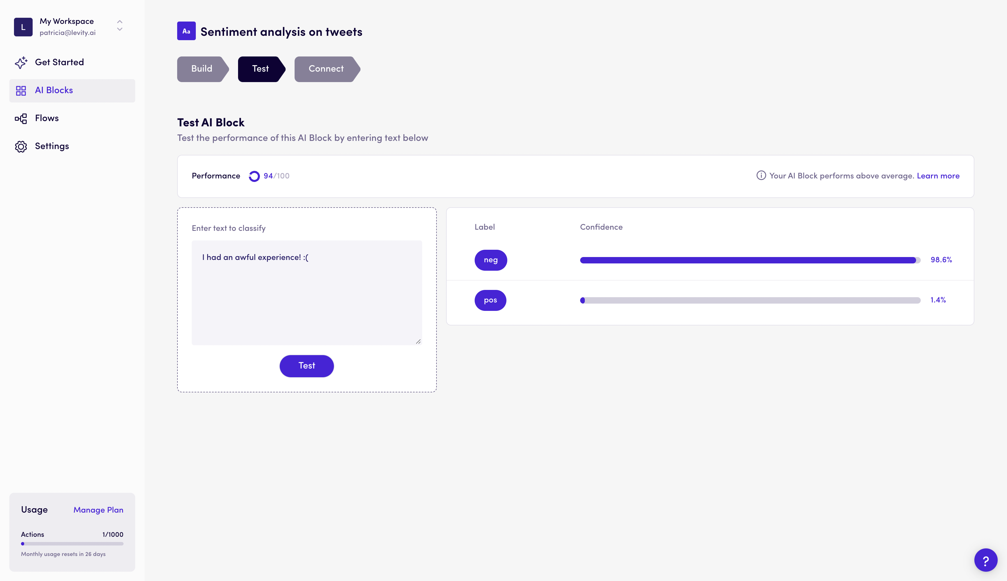 Test your AI Block's performance on Levity