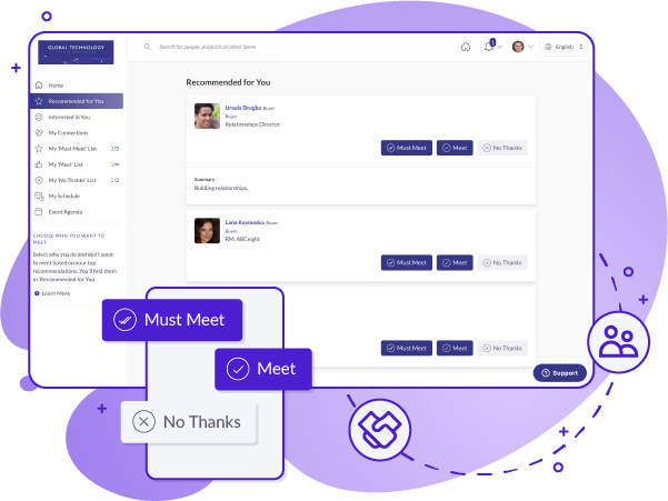 Image of Grip's MustMeet platform, allowing participants to select 'Must Meet', 'Meet' or 'No Thanks' when served recommendations of who to meet. 