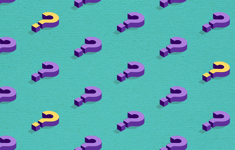 3D question marks laying on a field of blue. All of the question marks are purple apart from three which are yellow.
