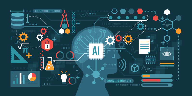 Abstract illustrated representation of AI. A silhouetted head with "AI" written inside; coming off of the head are multiple lines, each pointing to representations of items, such as mathematical signs, chemistry flasks, DNA, and gears.d