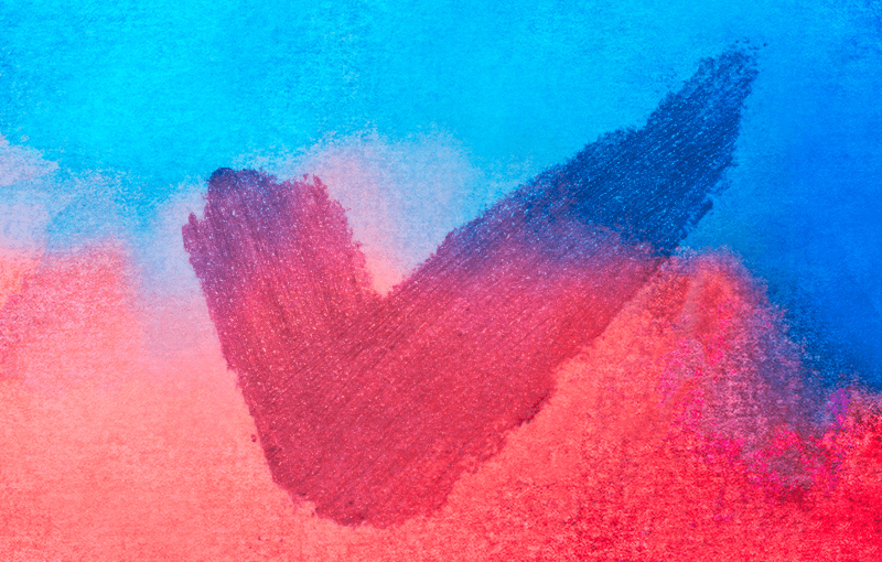 Blue and red water color paint blended together with a painted checkmark over top - Neovation Learning Solutions