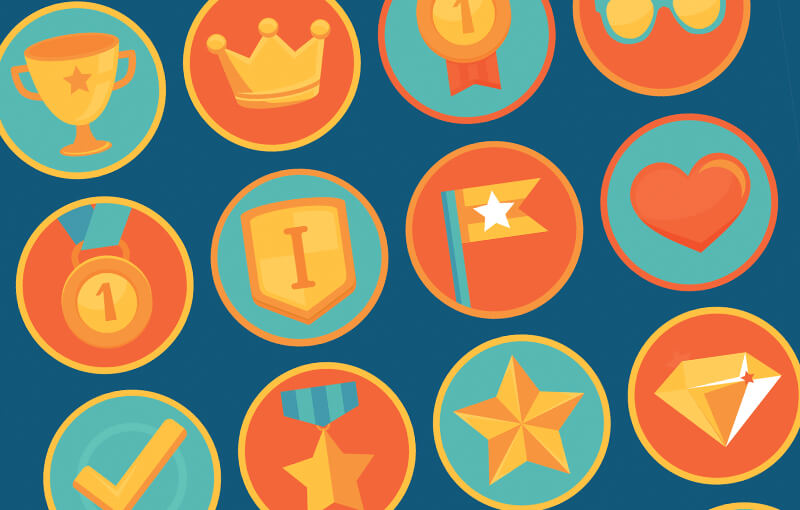 A bunch of colorful badges that show various types of progress and achievement.