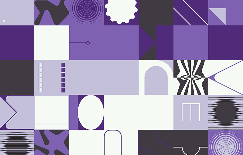 Five rows of squares. Each square is either dark purple, light purple, black, or white, in no particular order or sequence. Several of the squares have an abstract pattern or shape.