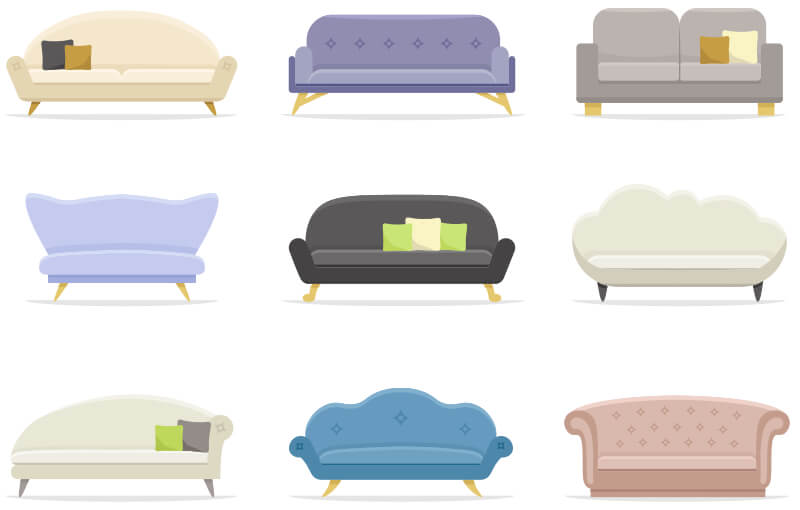 Nine different, colorful couches lined up in a 3x3 grid.