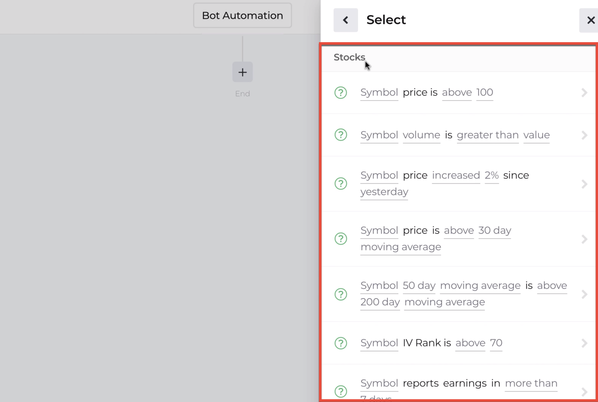 Screenshot with examples of stock decision criteria highlighted
