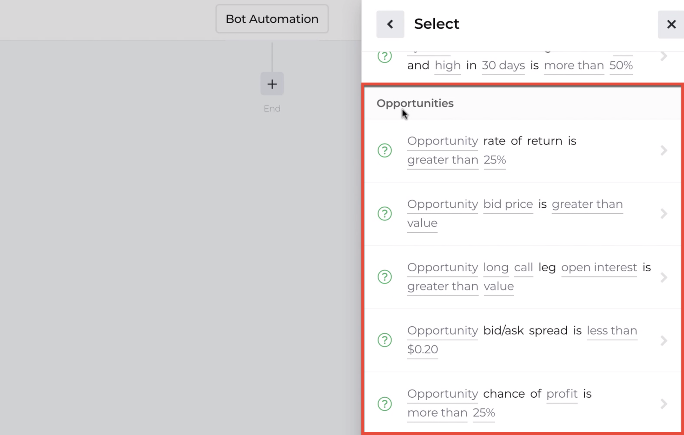 Screenshot with opportunity decision criteria highlighted