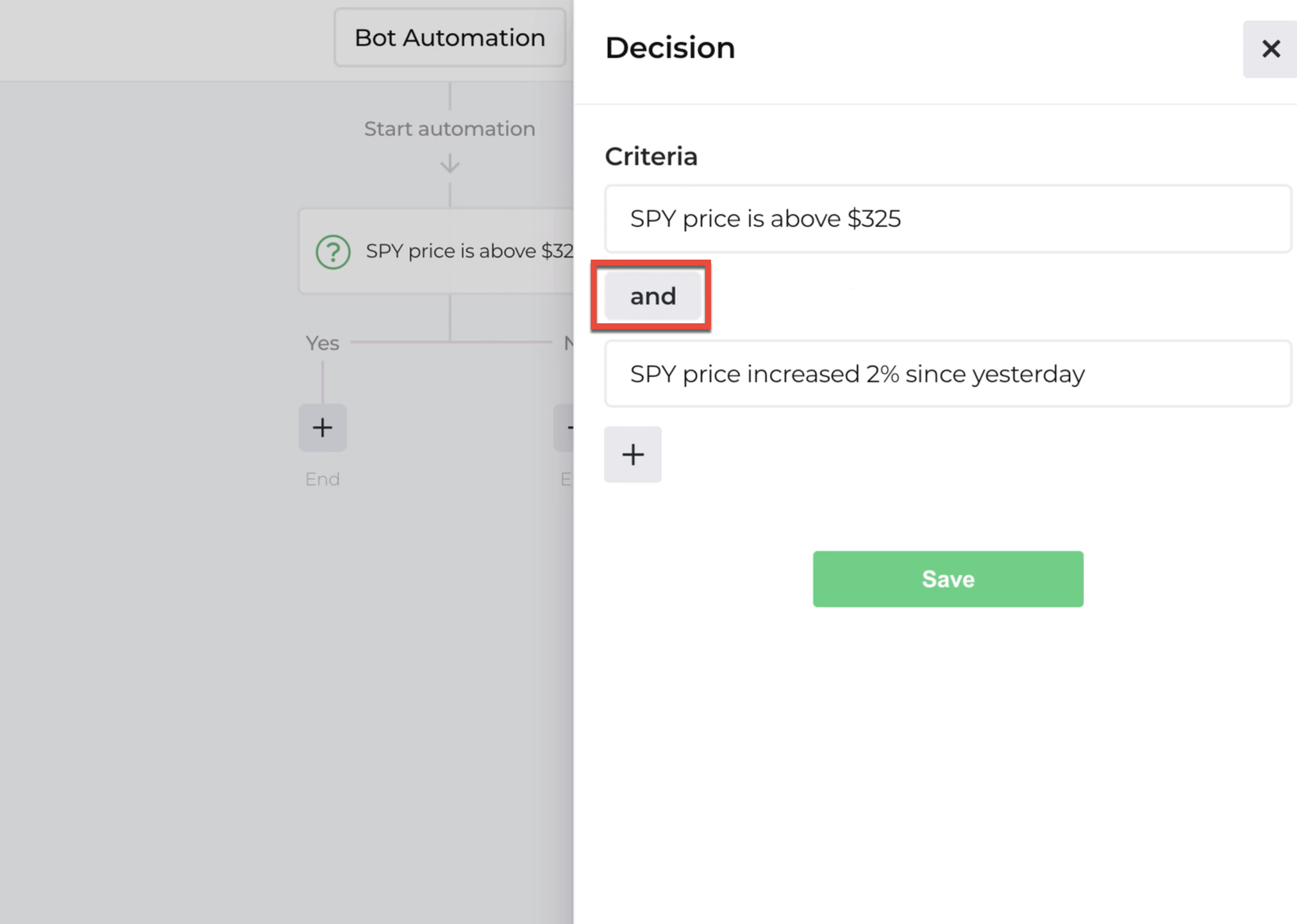Screenshot example using and/or decision criteria
