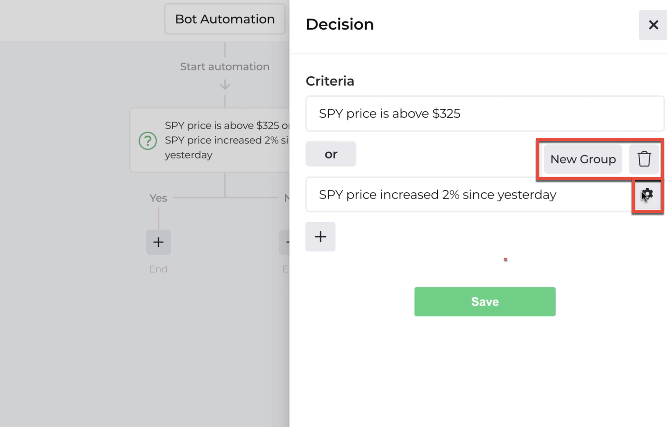 Screenshot with example of nested decision criteria highlighted