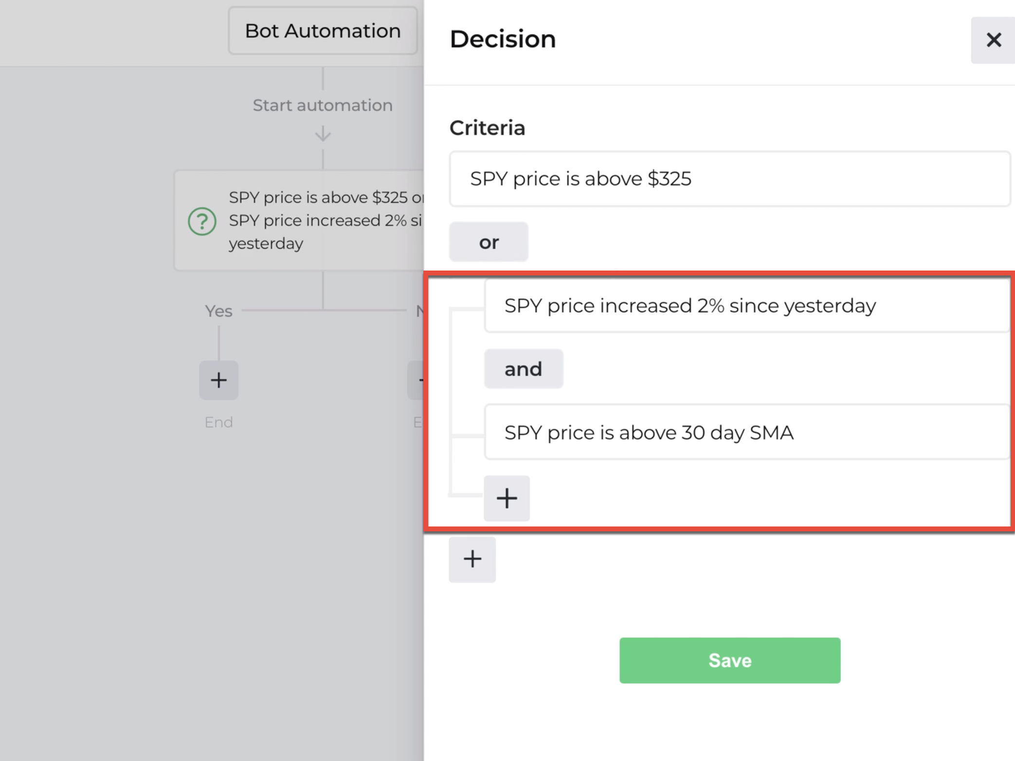 Screenshot of nested decision criteria with multiple groupings highlighted