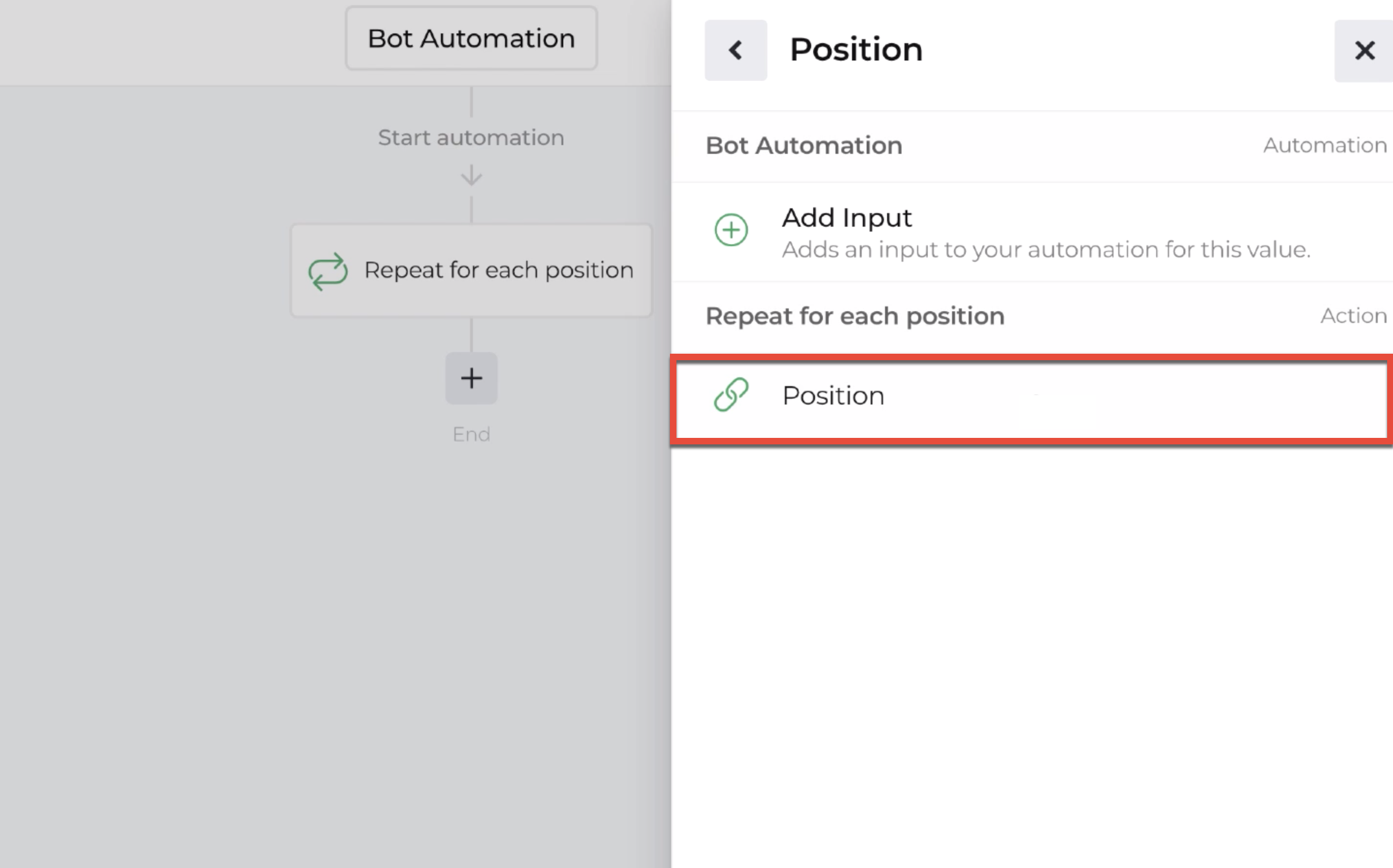 Screenshot of repeater action with position highlighted