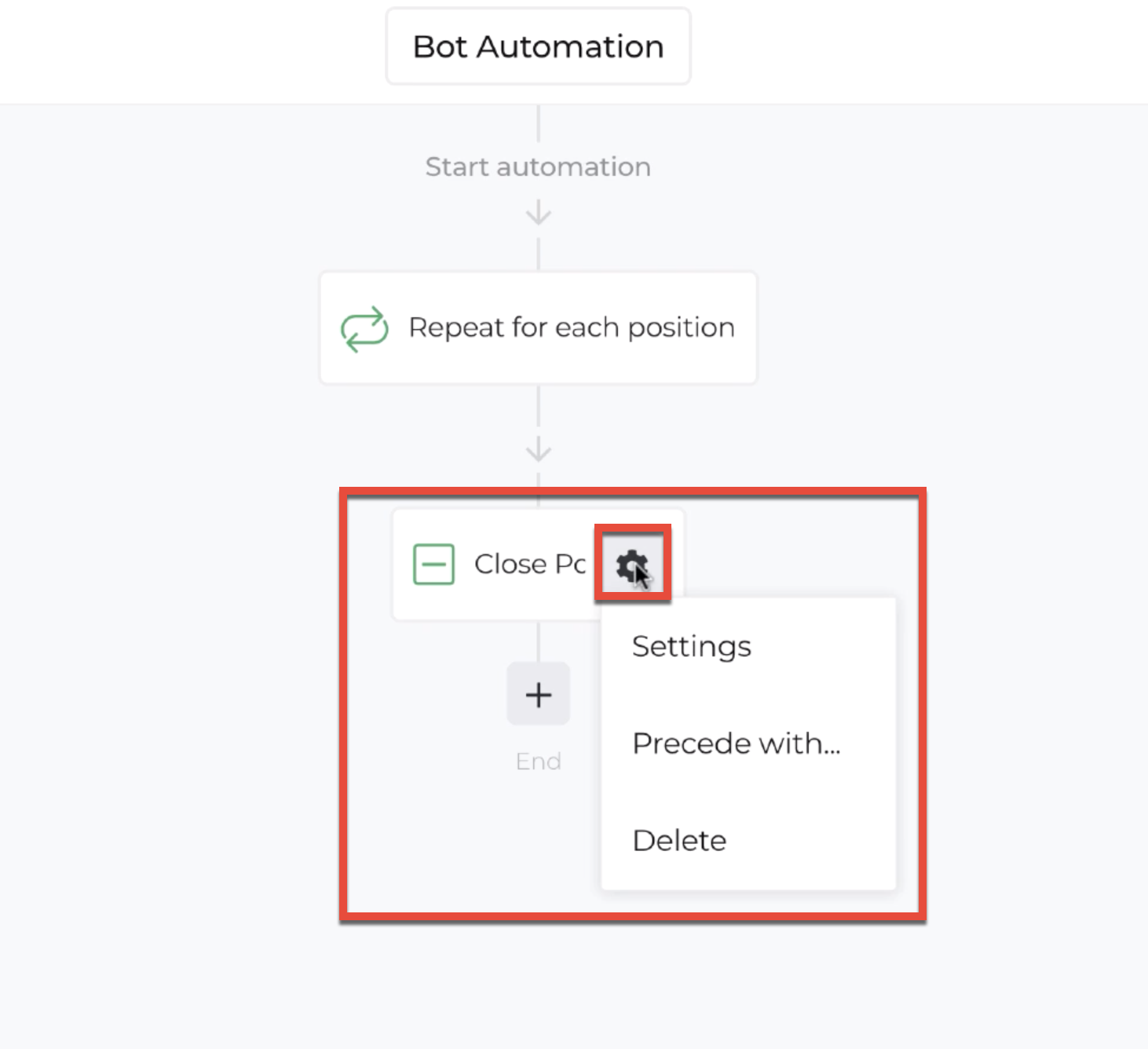 Screenshot of automation editor with gear icon on close position highlighted