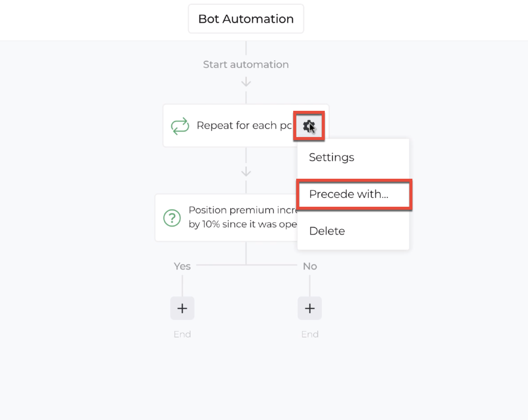 Screenshot with example of adding a preceding action