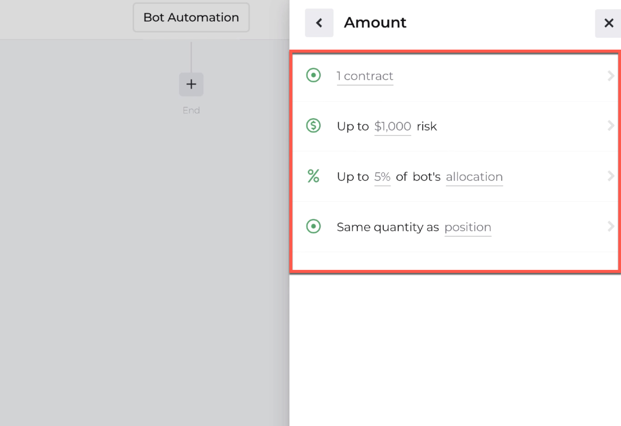 Screenshot displaying the options available when selecting the number of contracts for the open position action