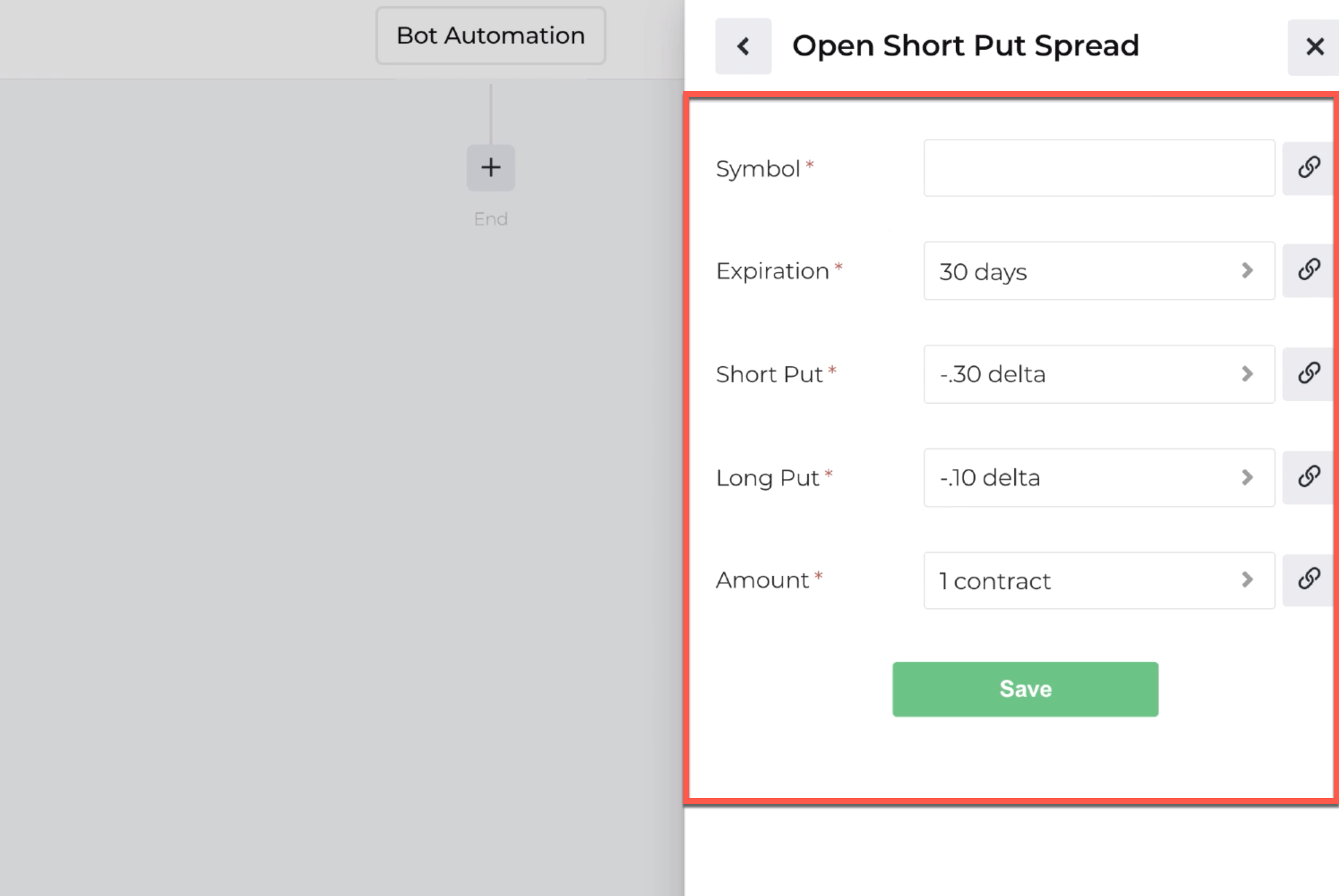 Screenshot highlighting the customization options available when using the open position action for options