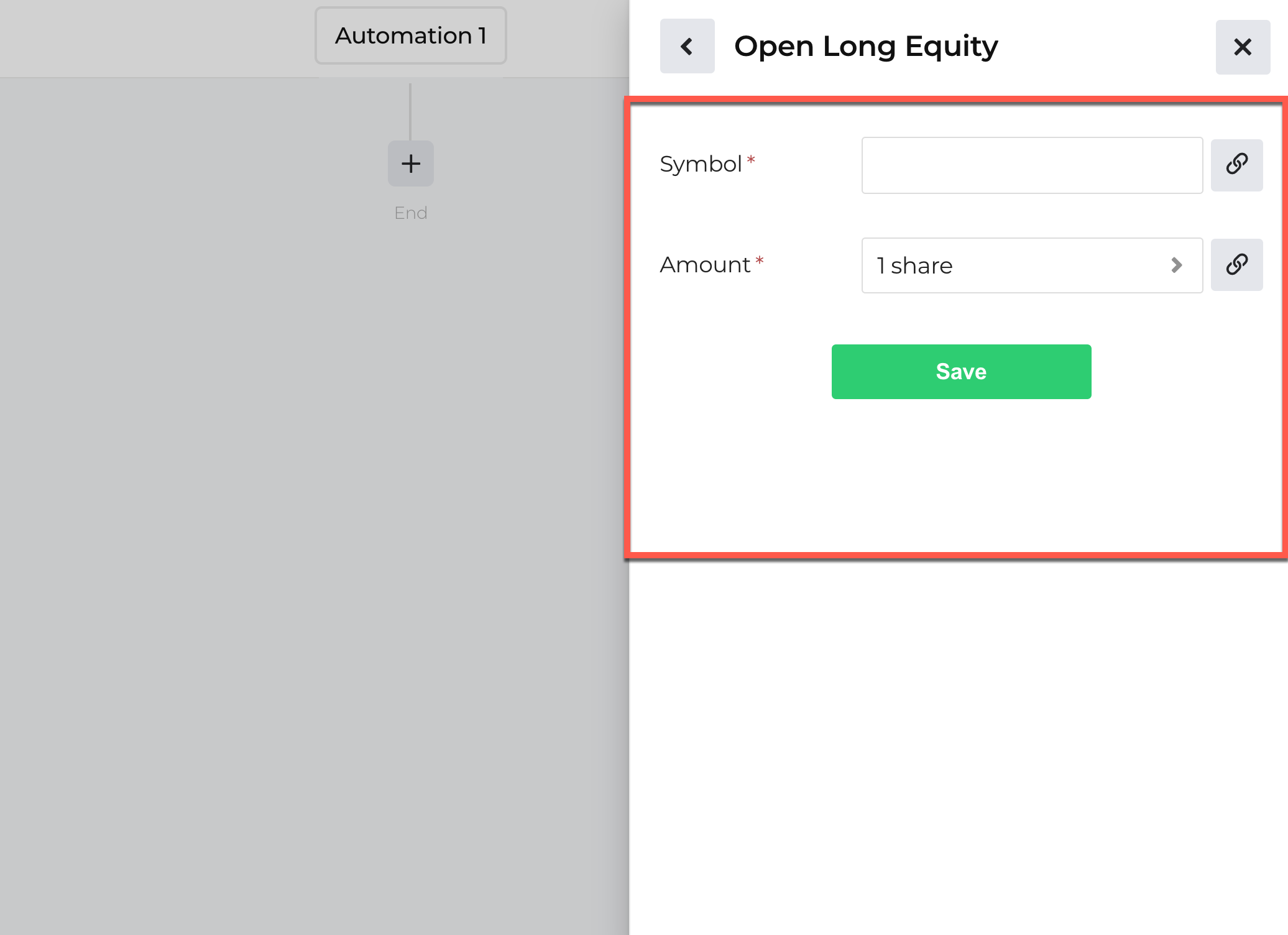 Screenshot highlighting the customization options available when using the open position action for stocks