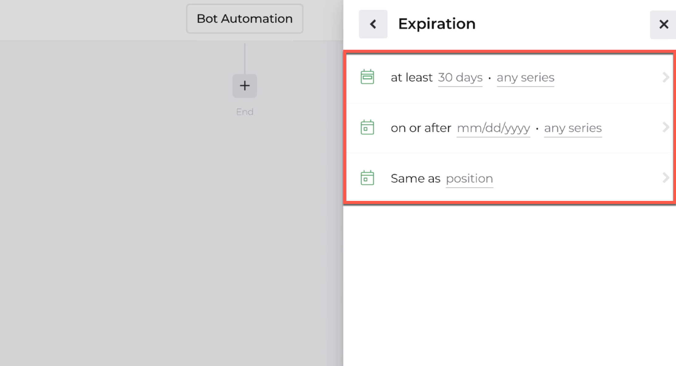 Screenshot displaying expiration options available with the open position action