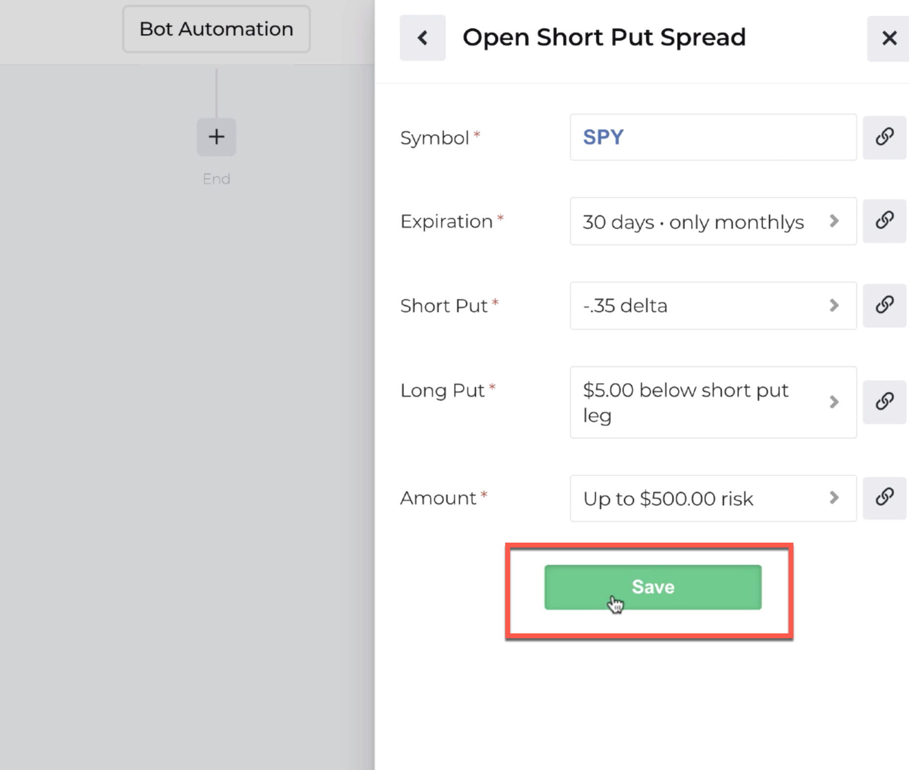Screenshot highlighting the save button for the open position action