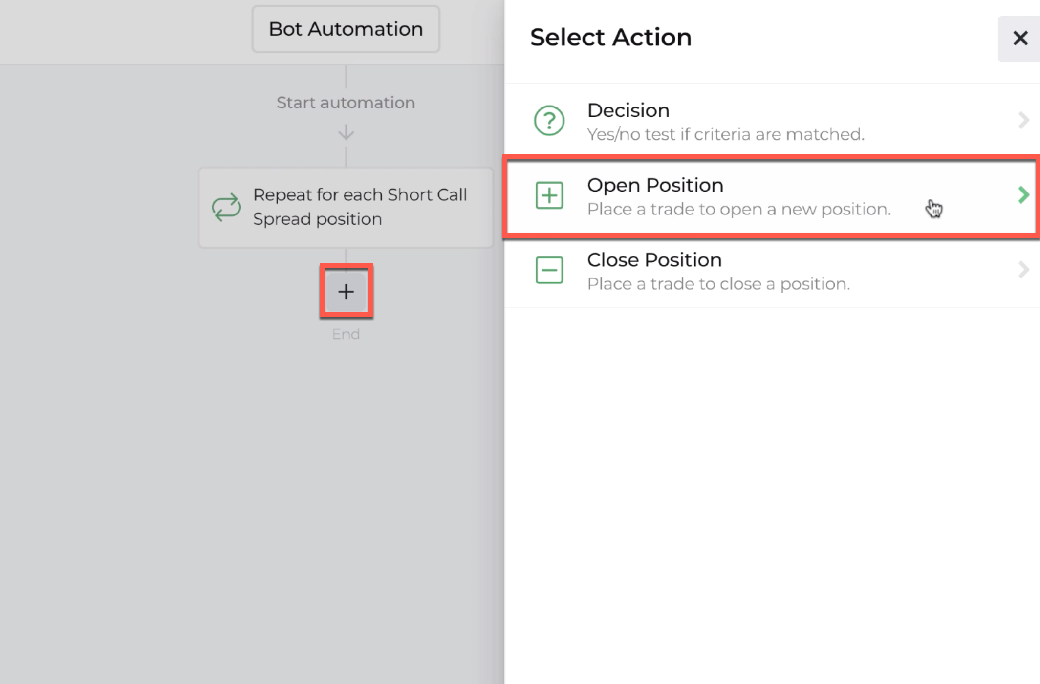 Screenshot highlighting selecting the plus sign for linking open positions
